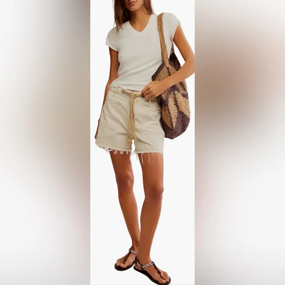 Free people Moxie Mid Rise Belted Drawstring Cutoff Denim Shorts